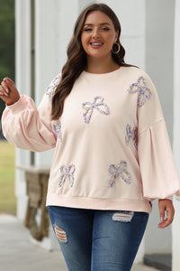 Online Light Pink Embroidered Bow Lantern Sleeve Oversized Pullover Sweatshirt