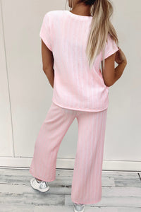 Online Light Pink Textured Short Sleeve Henley Top and Pocketed Wide Leg Pants