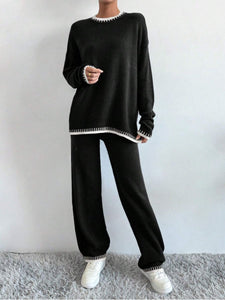 Online Side Slit Contrast Trim Round Neck Top and Pants Sweater Set