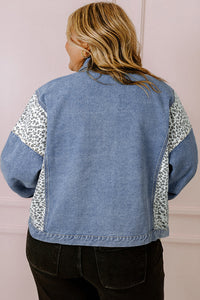 Online Beau Blue Leopard Patchwork Flap Detail Plus Size Denim Jacket