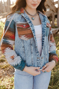 Online Multicolor Aztec Print Frayed Hem Denim Jacket