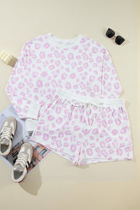 Online Pink Leopard Print Long Sleeve Top Plus Size Shorts Set