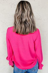 Online Rose Red Solid Color Shirred Cuff Notch V Neck Blouse