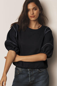 Online Black Contrast Stitches Detail Puffy Half Sleeve Blouse
