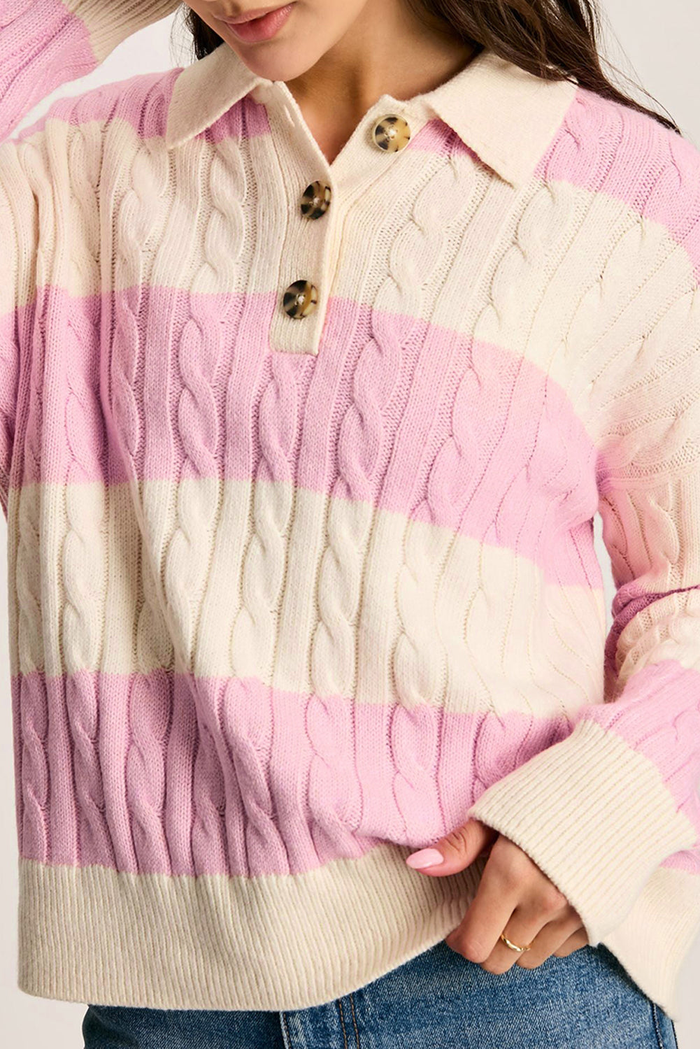 Online Pink Stripe Cable Knit Collared Henley Sweater