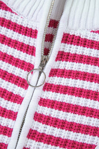 Online Pink Stripe Zip up Collar Drop Shoulder Sweater