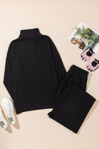 Online Black Zipper Stand Neck Top and Wide Leg Pants Set