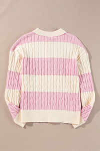 Online Pink Stripe Cable Knit Collared Henley Sweater