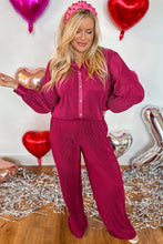 Load image into Gallery viewer, Online Rose Red Plus Size Ribbed Long Sleeve Shirt and Pants Pajama Set
