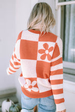 Load image into Gallery viewer, Online Orchid Petal Checkered Floral Print Striped Sleeve Sweater
