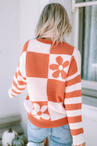 Online Orchid Petal Checkered Floral Print Striped Sleeve Sweater