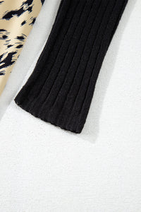 Online Black Ribbed Knit Patchwork Printed Belted A-line Dress
