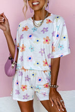 Load image into Gallery viewer, Online Pink Flower Print Short Sleeve High Waist Two Piece Shorts Set

