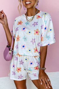 Online Pink Flower Print Short Sleeve High Waist Two Piece Shorts Set