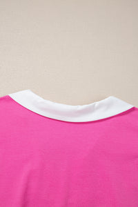 Online Pink Contrast Trim Collared Split Neck Short Sleeve Plus Size Top