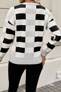 Online Pink Checkered Ribbed Edge O Neck Drop Shoulder Sweater