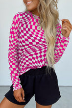 Load image into Gallery viewer, Online Khaki Checkered Pattern Mesh Mock Neck Long Sleeve Top
