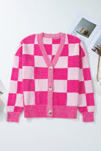 Load image into Gallery viewer, Online Black Checkered Drop Shoulder Buttoned V Neck Cardigan
