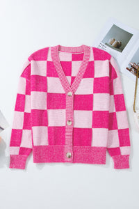 Online Black Checkered Drop Shoulder Buttoned V Neck Cardigan