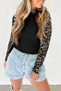 Online Black Floral Lace Patchwork Long Sleeve High Neck Slim Top