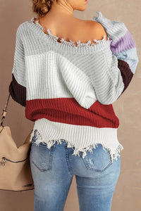 Light Gray Colorblock Distressed Sweater