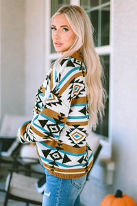 Online Brown Aztec Striped Knit Ribbed Trim Sweater