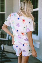 Load image into Gallery viewer, Online Pink Flower Print Short Sleeve High Waist Two Piece Shorts Set
