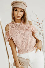 Load image into Gallery viewer, Pink Lace Cold Shoulder Short Sleeve Top
