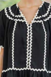 Online Black Contrast Ricrac Trim Short Sleeve V Neck Loose Mini Dress