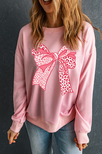 Online Pink Leopard Bowknot Printed Crewneck Pullover Sweatshirt