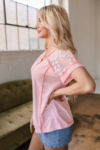 Online Light Pink Lace Patchwork Exposed Seam V Neck T Shirt