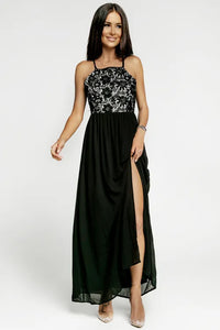 Black Crisscross Backless Lace Chiffon Maxi Dress