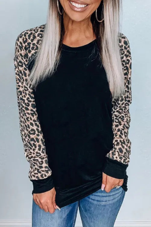 Black Black Leopard Long Sleeve Raglan Top