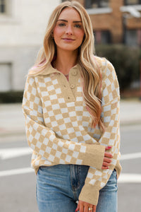 Online Apricot Checkered Buttons Collar V Neck Drop Shoulder Sweater