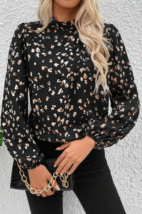 Online Black Leopard Print Lantern Sleeve Mock Neck Pleated Blouse