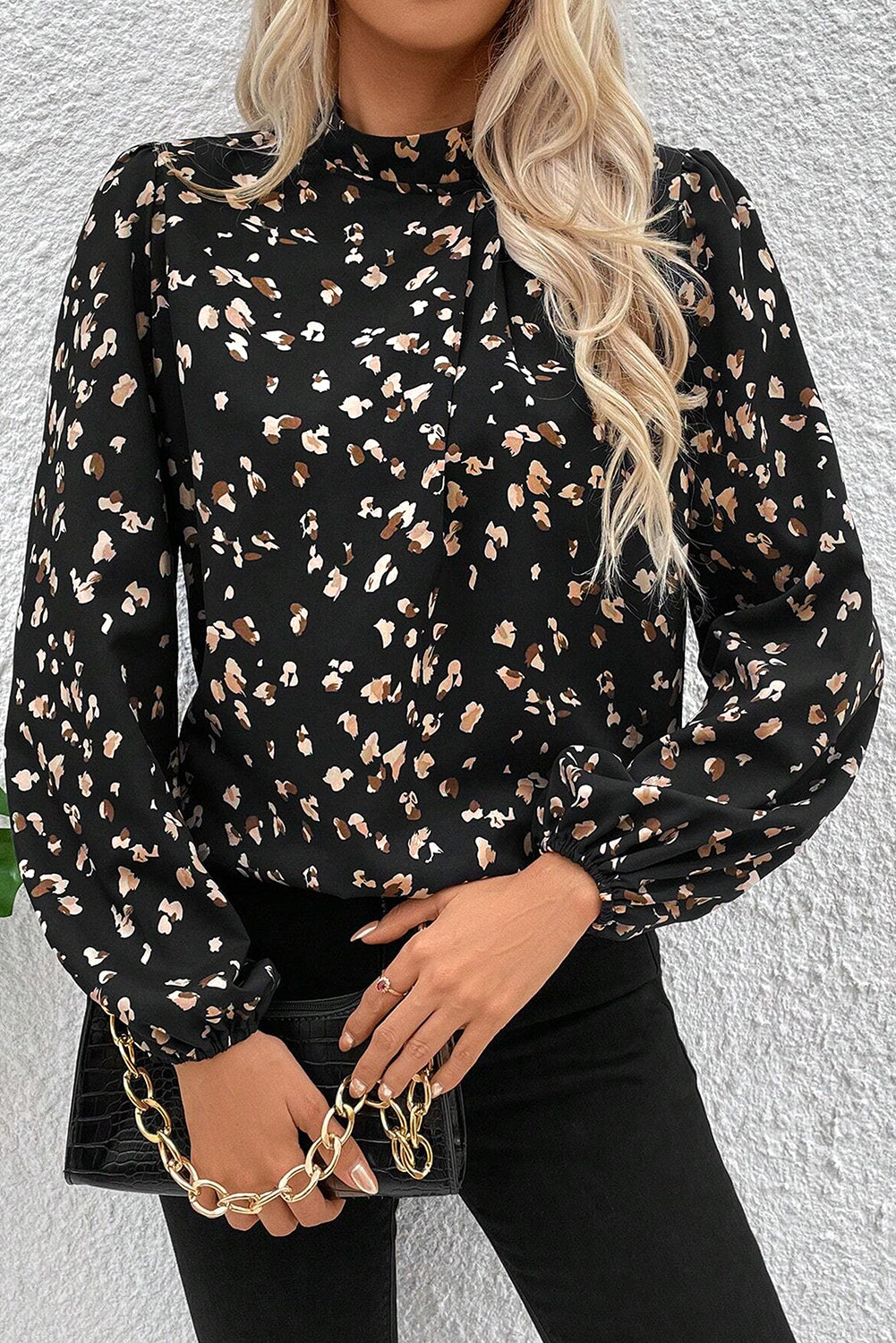 Online Black Leopard Print Lantern Sleeve Mock Neck Pleated Blouse