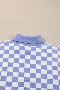 Online Purple Checkered Collared Buttons Plus Size Sweater