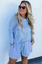 Load image into Gallery viewer, Online Light Blue Plus Size Ribbed Long Sleeve Top and Drawstring Shorts Set
