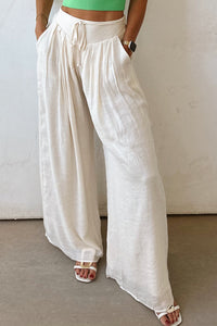 Online White Casual Tie Waist Pleated Wide Leg Pants