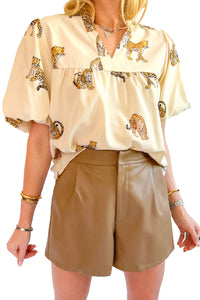 Online Apricot Cheetah Printed Split Neck Puff Sleeve Blouse