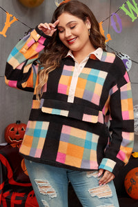 Online Black Plus Size Checkered Print Sherpa Henley Sweatshirt