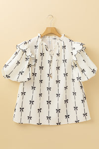 Online Apricot Bow Printed Ruffled Bubble Sleeve Lace-up Notched Neck Plus Size Blouse