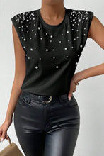 Load image into Gallery viewer, Black Pearls Beaded Shoulder Pad Crew Neck Tank Top
