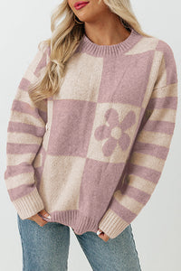 Online Orchid Petal Checkered Floral Print Striped Sleeve Sweater