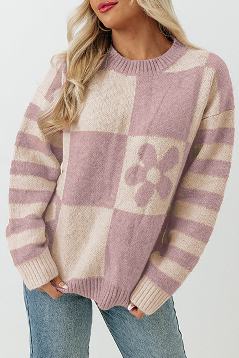 Online Orchid Petal Checkered Floral Print Striped Sleeve Sweater