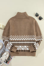 Load image into Gallery viewer, Online Brown Western Printed Ribbed Trim Collared Zip up Cardigan
