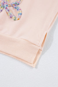 Online Light Pink Embroidered Bow Lantern Sleeve Oversized Pullover Sweatshirt