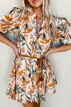 Load image into Gallery viewer, Online Brown Abstract Printed Puff Sleeve Button Up Braided Belt Mini Dress
