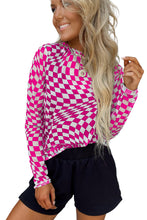 Load image into Gallery viewer, Online Khaki Checkered Pattern Mesh Mock Neck Long Sleeve Top
