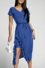 Load image into Gallery viewer, Blue V Neck Short Sleeve Ruffle Belted Midi Dress
